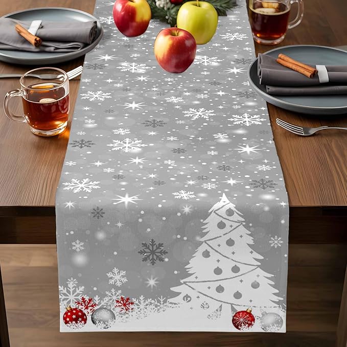 Christmas Snowflakes Cotton Linen Table Runner for Dining Kitchen, Xmas Tree Snow Winter Wedding Outdoor Party Tablerunners Decoration, Grey Balls Dresser Scarf Coffee Tablecloth Runners 13x70 Inches