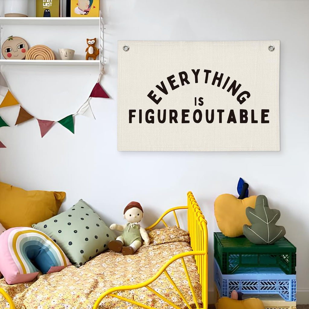 Classroom Decor, Everything is Figureoutable Inspirational Wall Decor, Office Motivational Wall Decor, Classroom Linen Canvas Banner Hanging Flag, 20x30 Inch
