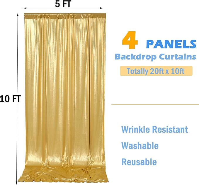 20ft x 10ft Gold Sequin Backdrop Curtain for Parties, Wrinkle Free Thick Glitter Photo Backdrop Drapes 4 Panels 5x10FT Back Drop Cloth Shiny Fabric for Wedding Birthday Photography Background