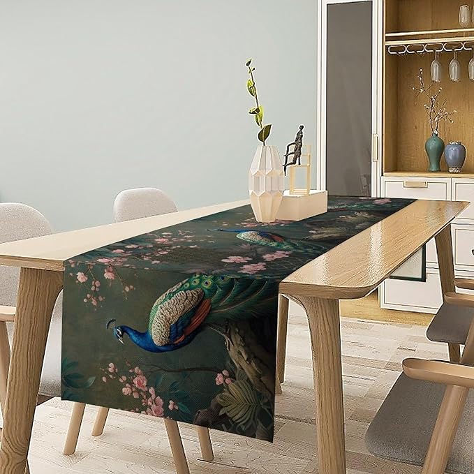 Peacock Table Runner,Vintage Aesthetic Peacock Birds Table Runner for Home Kitchen Dining Party Indoor Outdoor Decoration 13x120 Inch