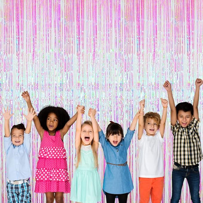 GOER 3.2 ft x 9.8 ft Metallic Tinsel Foil Fringe Curtains Party Photo Backdrop Party Streamers for Birthday,Graduation,New Year Eve Decorations Wedding Decor (Iridescent,3 pcs)