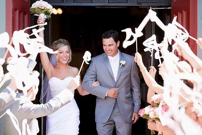 Kingsnow 50 Pack White Lace Ribbon Wands Wedding Streamers with Silver Bells, Silk Fairy Stick Wish Wands for Wedding Send off Party Activities Holiday Celebration
