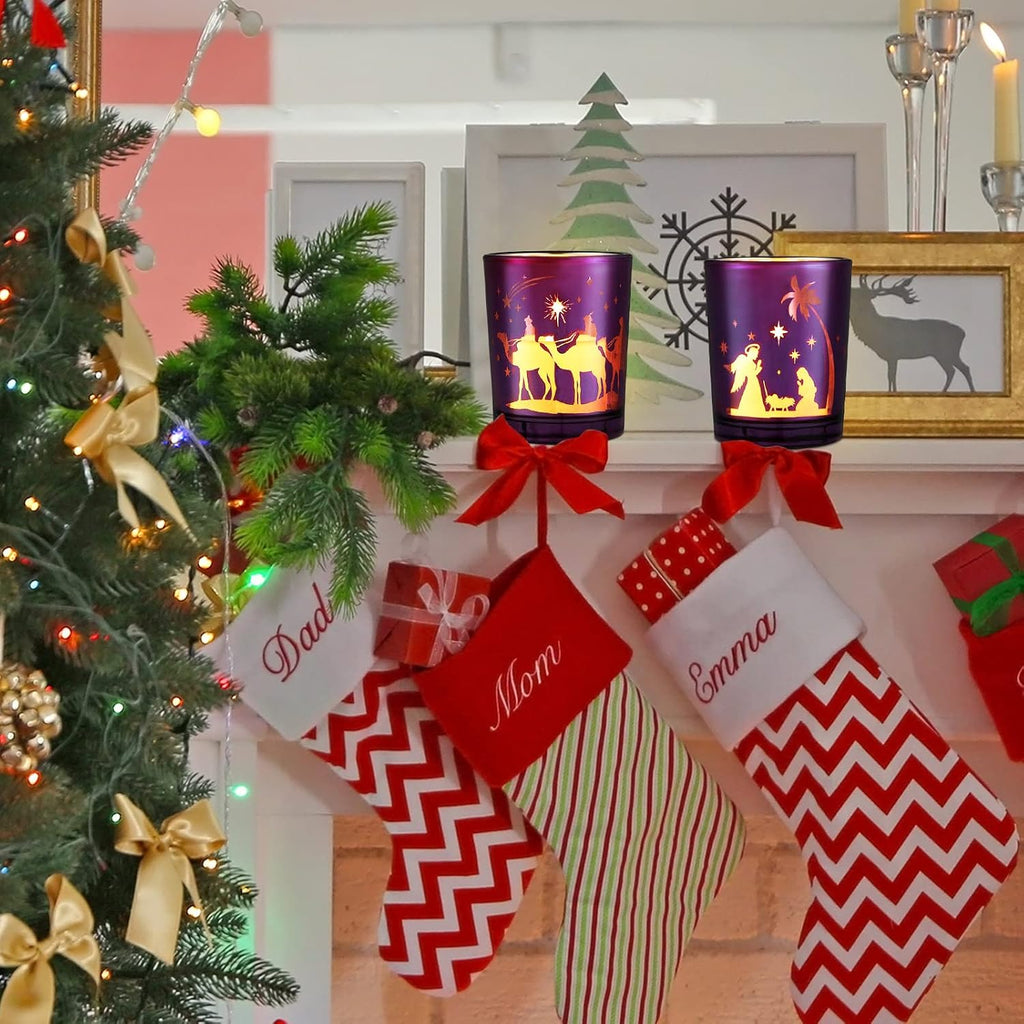 4 Pcs Christmas Advent Candle Holder Nativity Scene Candle Holder Glass Purple and Pink Tealight Candle Holders for Holiday Xmas Wedding Church Home Decor, 4 Styles