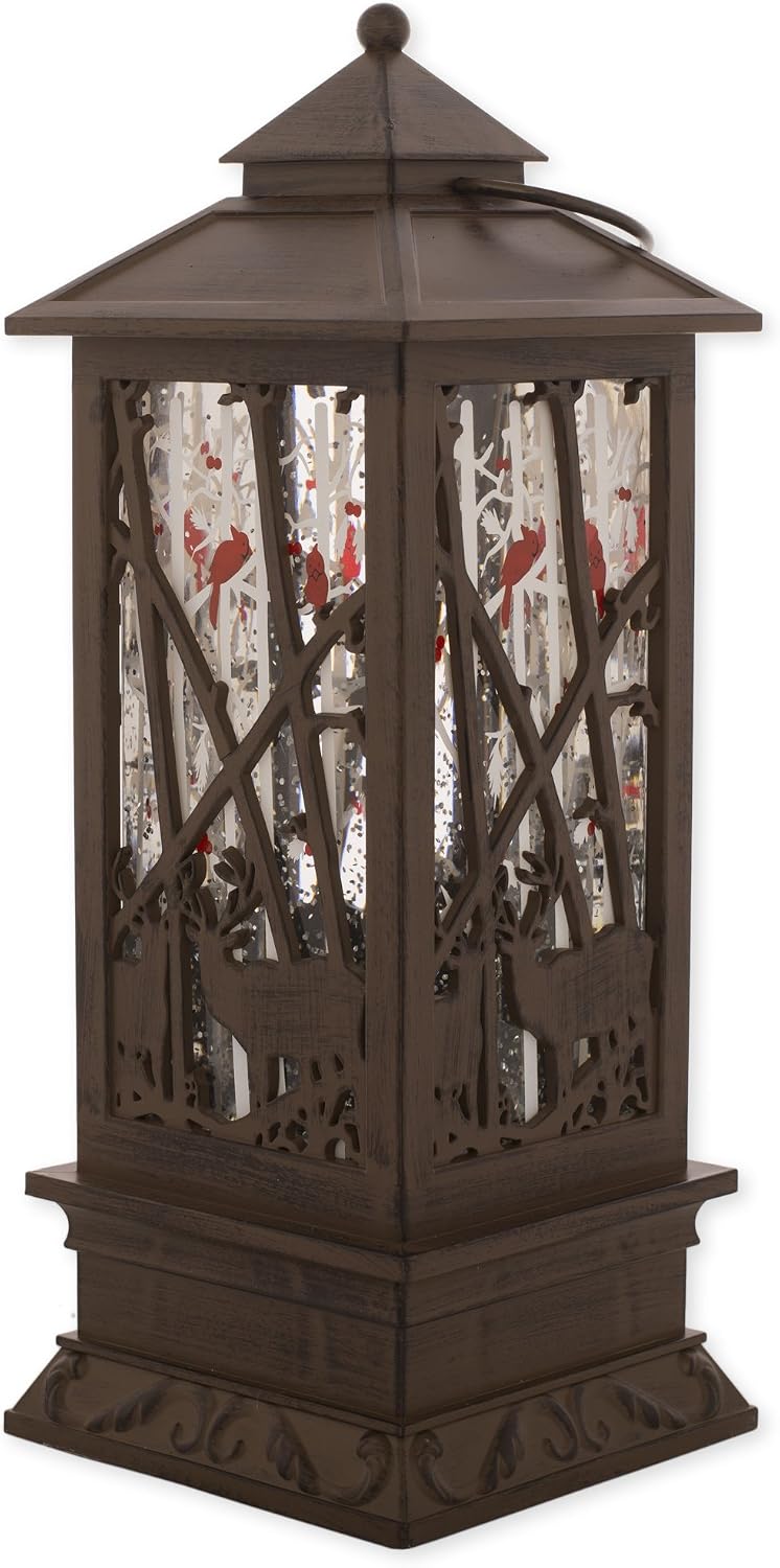 Christmas by Roman Inc., Confetti Lites Collection, 11" H LED Deer Bronze Lantern, Lantern, Snow Globe, Holiday Home Décor, Santa, Cardinal, Nutcracker, Snowman, Reindeer (4x4x11)