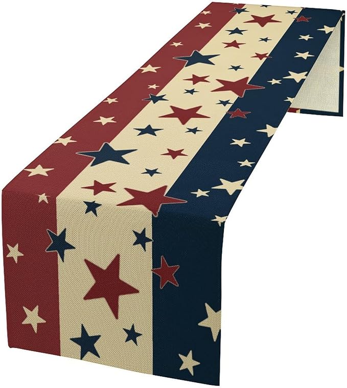 Memorial Day Table Runner, 4th of July American Patriotic Independence Day Stars Stripes Print Table Runne for Summer Holiday USA Home Decoration Party,13x60inch