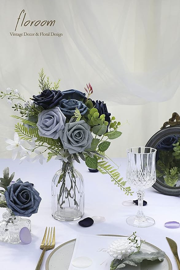 Floroom Artificial Flowers 25pcs Real Looking Blue Ombre Colors Foam Fake Roses with Stems for DIY Wedding Bouquets Bridal Shower Centerpieces Floral Arrangements Party Tables Home Decorations