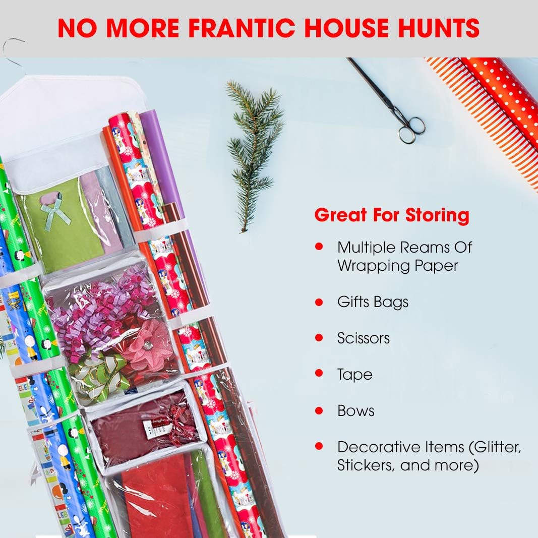 Wrapping Paper Storage Hanging Over the Door Gift Wrap Organizer Double Sided Front and Back Pockets Store Gift Wrap Gift Bags Ribbon Bows Accessories 40”x17” Fits Long 40 Inch Rolls (White)