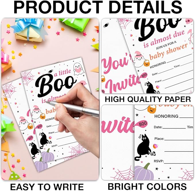Halloween Baby Shower Party Invitations for Girl Cute Spooky Ghost Boo Baby Shower Party Fill in Invites Cards With Envelopes (20 Count) Double Sided Design, a Little Boo Is Almost Due