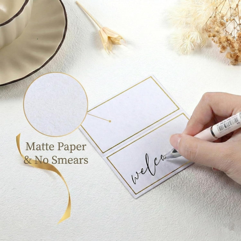 120 Pcs Place Cards for Table Setting - Folded Name Cards 2 x 3.5 Inch | Placecards with Gold Foil Border - Easy to Write Without Bleeding or Smearing - for Dinner Party, Weddings, Events