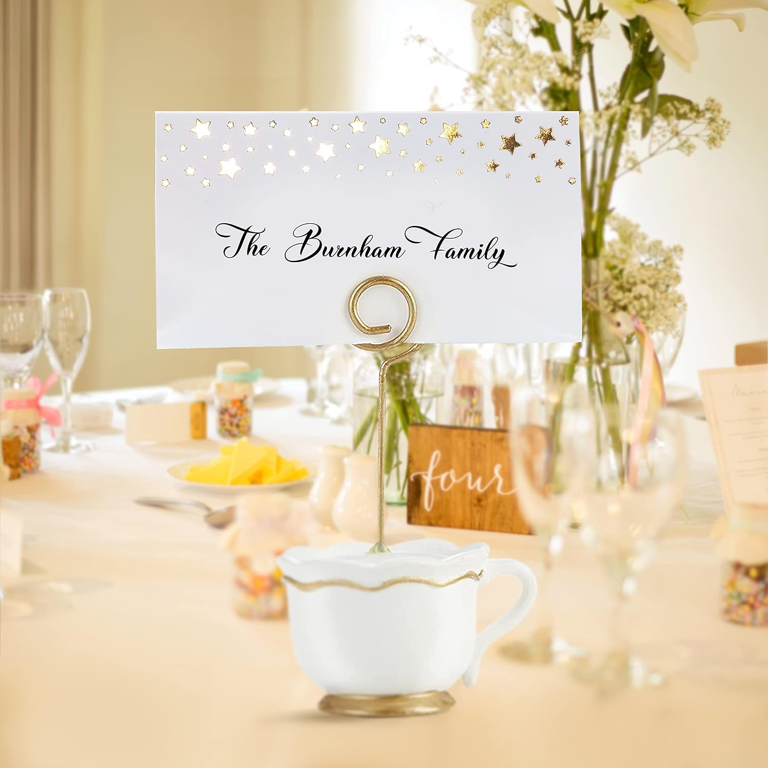 CLEVER SIGNS 100 Pack Gold Place Cards for Wedding Party Reception, 2" X 3.5, Double Design, Gold Foil Stars and Line, Scored for Easy Folding, Place Cards for Table Setting