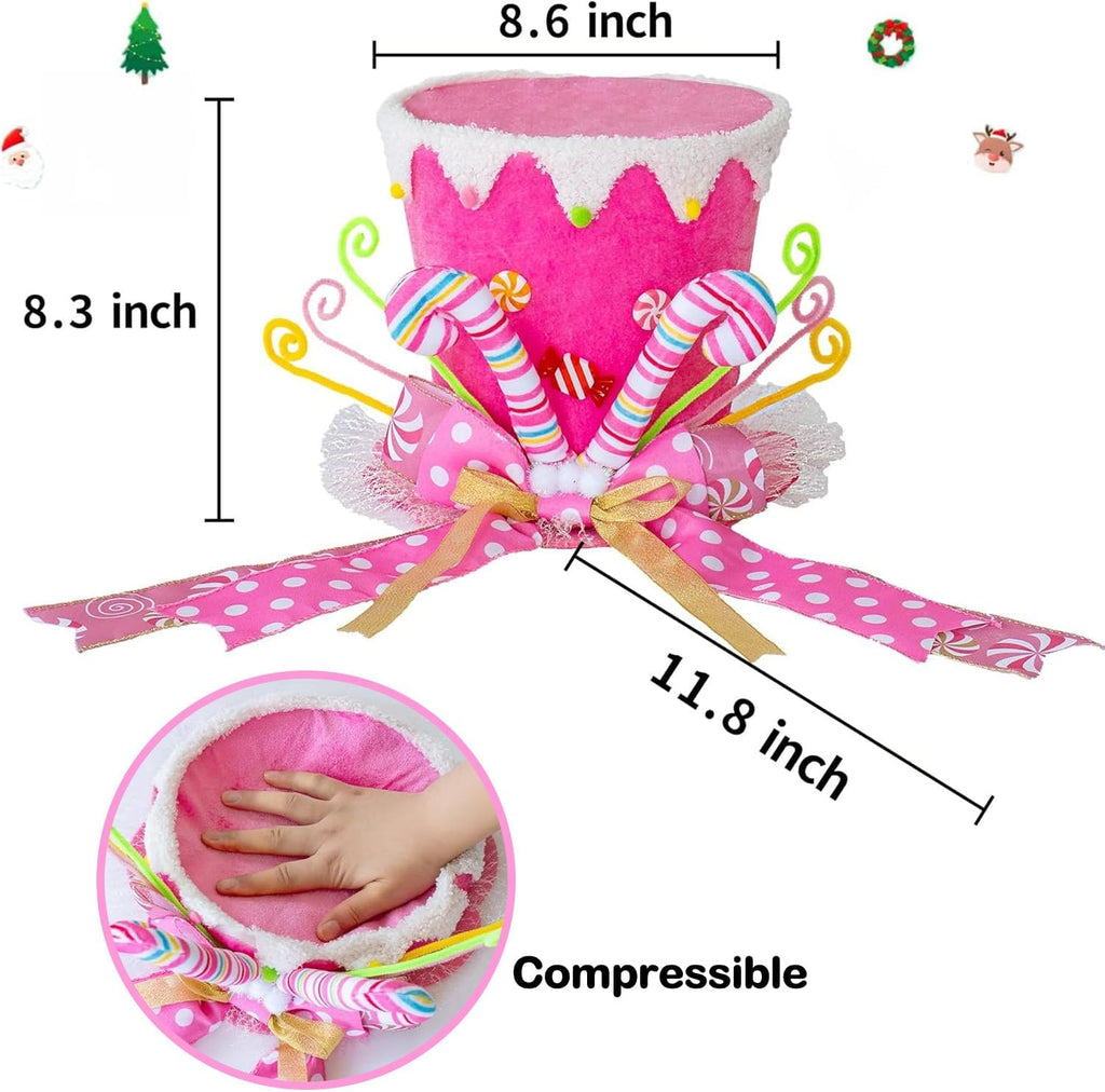 Pink Christmas Tree Topper Hat, Pink Tree Topper Hat with Bows Ribbon Ornament, Top Hat Christmas Tree Topper for Home Office Holiday Xmas Gift Tree Decoration(Velvet Material
