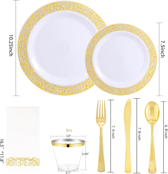 WELLIFE 210Pcs Gold Plastic Dinnerware - Disposable Silverware and Cups, Include:30 Dinner Plates, 30 Dessert Plates, 30 Paper Napkins, 30 Cups, 30 Gold Plastic Cutlery Set for Party, Wedding