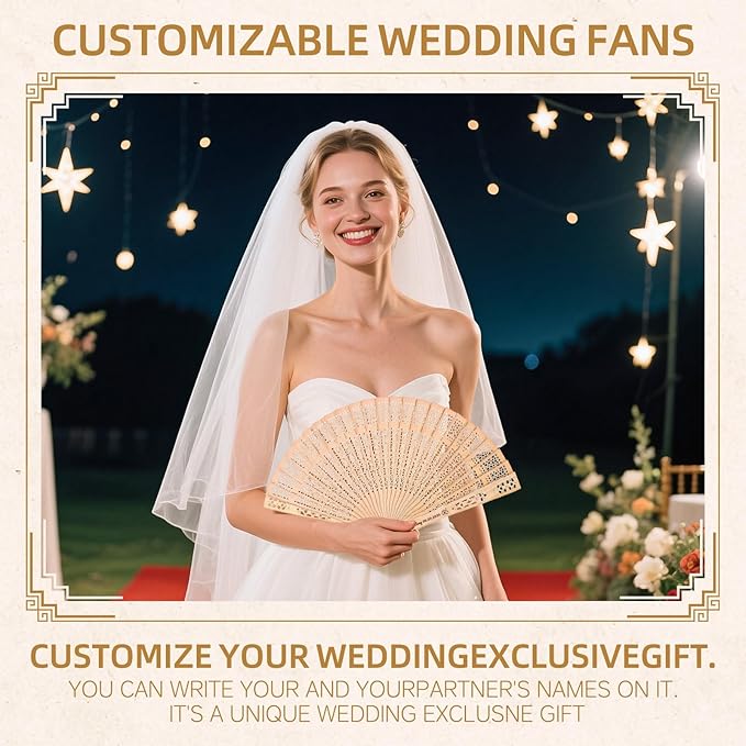 50pcs Personalized Wedding Fans for Guests - Custom Wooden Hand Fans with Names/Dates - Bulk Wedding Favors for Bridal Shower, Baby Shower & Parties (Wood, 50pcs)
