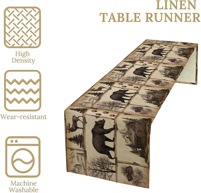 Rustic Cabin Table Runner, Retro Moose Cone Deer Bear Farmhouse Lodge Table Runner for Dinner Living Room Kitchen Vintage Country Cottage 13x120 Inch