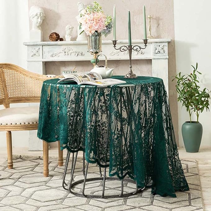 Vintage 60 inch Green Lace Tablecloth Floral Embroidered Boho Shabby Chic Small Table Cover for Wedding Halloween Party Dinning Holiday, 1 Piece