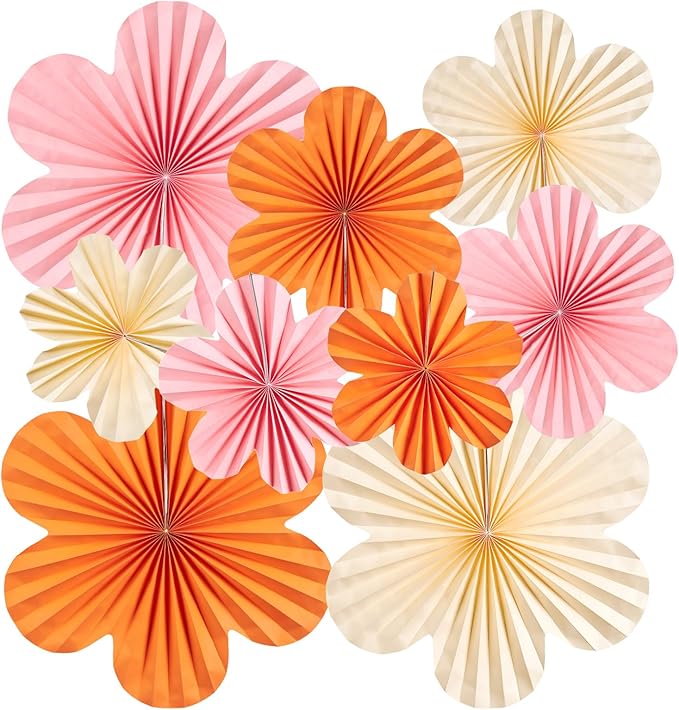 SUNBEAUTY Paper Flowers Decorations for Wall Paper Fans Classroom Decoration Paper Floral Backdrop Decor Paper Fans Decoration Hanging Paper Fans Orange Flower Wall Decor,Set of 9