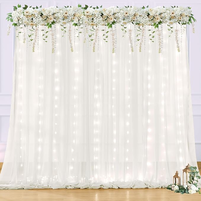 10x10ft Cream White Chiffon Backdrop Curtain with Lights String for Wedding Parties, Sheer Photo Backdrop Curtains for Baby Shower Bridal Shower Birthday Party Ceremony Reception