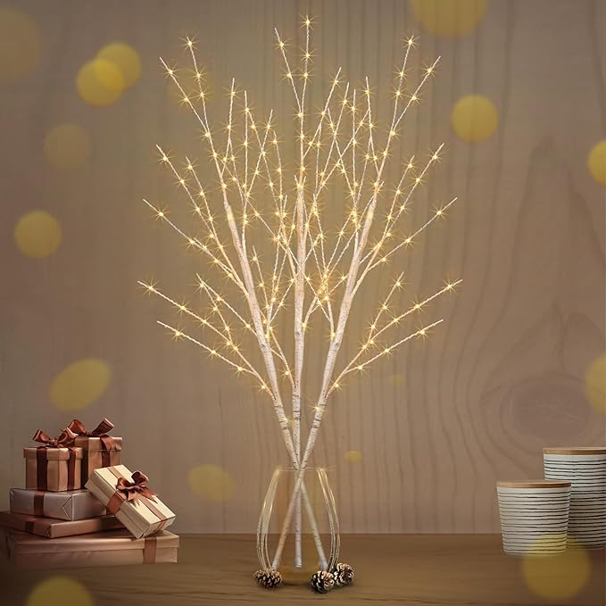 Bexdir Lighted Birch White Tree Branches 33IN 180LED with Timer Plug in, Artificial Tree White Birch Twig for Christmas Home Decor Party Wedding Bedroom