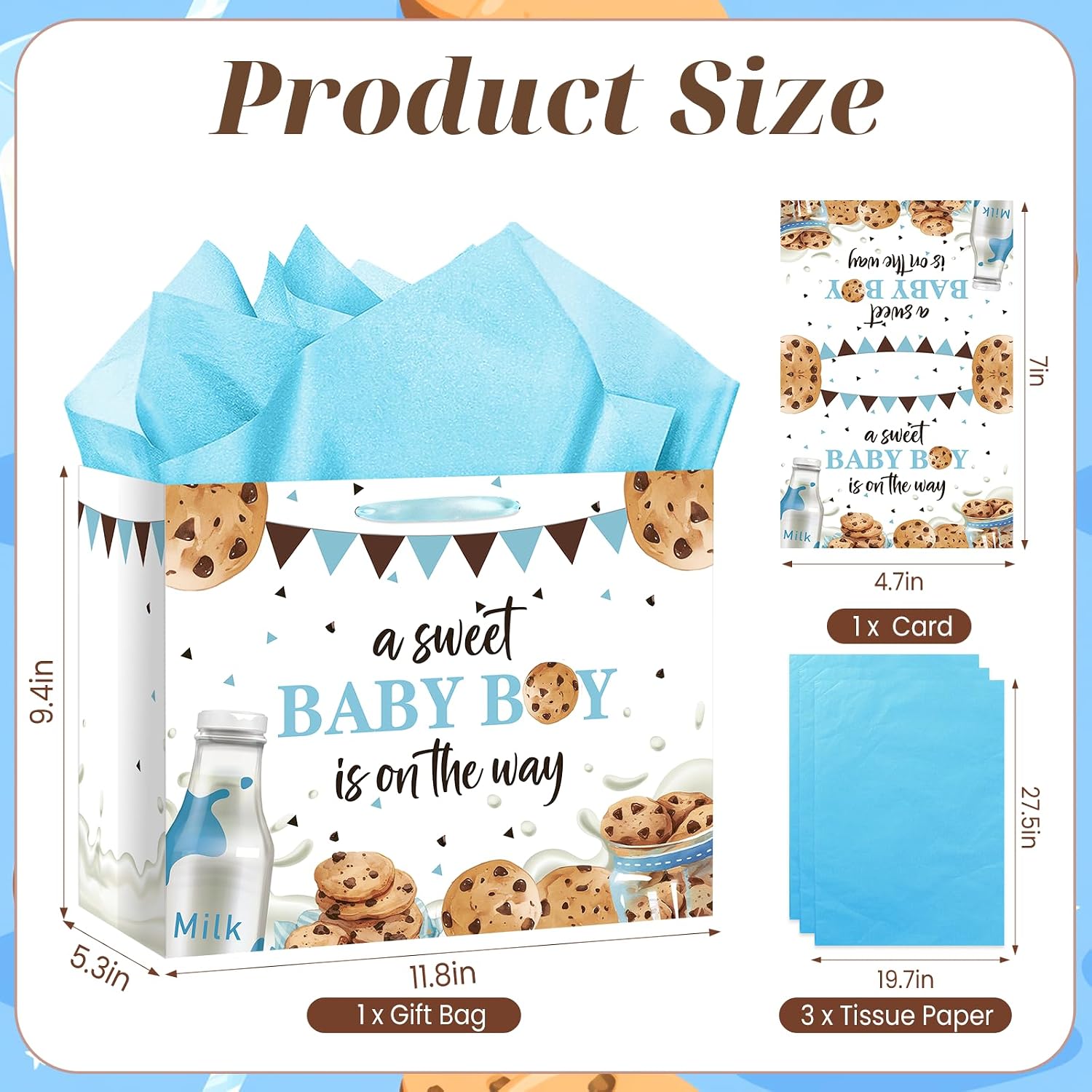 Frakron Baby Boy Shower Gift Bag with Card & Wrapping Tissue Paper Milk and Cookies Theme Party Supplies Large Blue A Sweet Baby Boy is on the Way Gift Wrap Bags for Newborn Gender Reveal Sprinkle