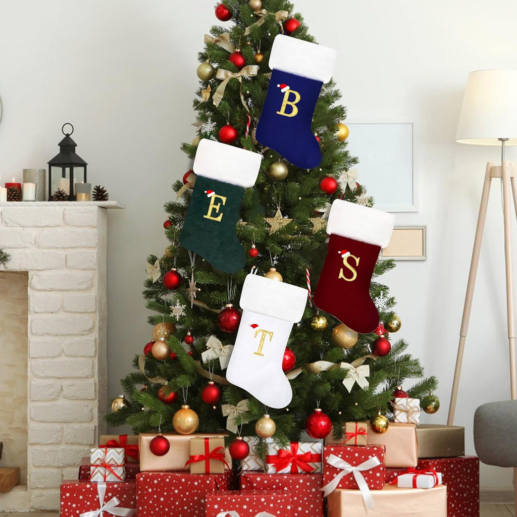 20 Inches Monogram Christmas Stockings Red Velvet with White Super Soft Plush Cuff Embroidered Xmas Stockings Classic Personalized Stocking Decorations for Family Holiday Season Decor(Letter J)