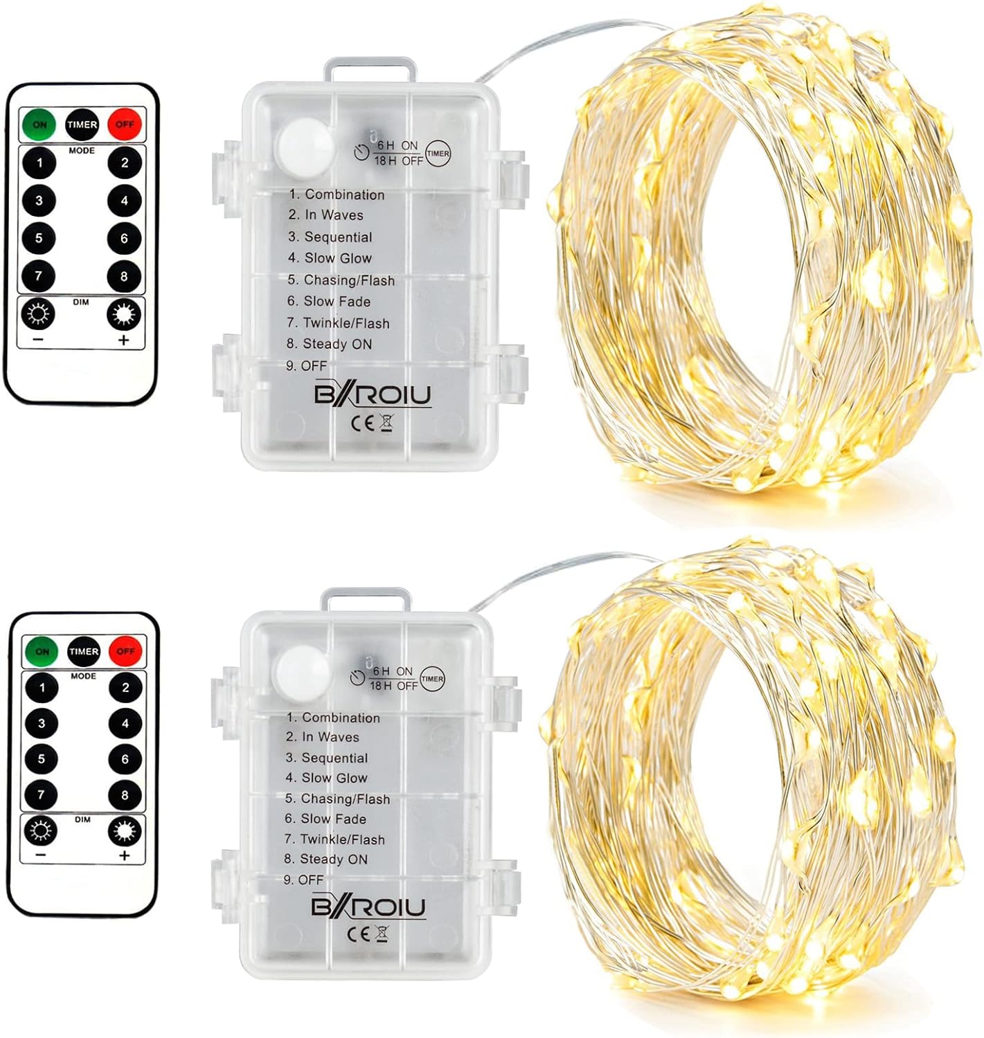 2 x Fairy Lights Battery Operated, 8 Mode 50 LEDs Remote & Timer Warm White | Silver Wire Chains 16.4Ft,LED String Lights Waterproof Battery Box for Bedroom, Wedding, Party,Christmas Decorations
