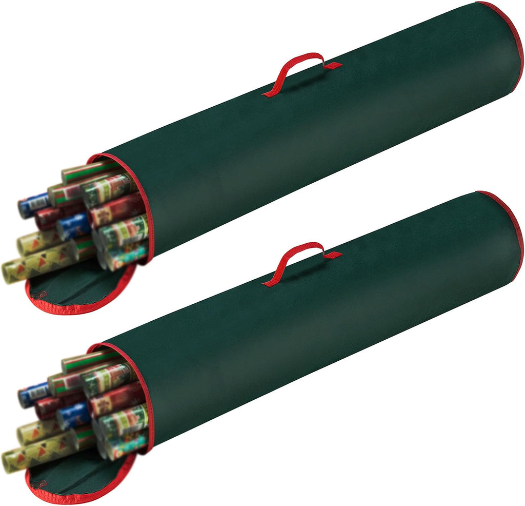 Set of 2 Wrapping Paper Storage Bags - Zippered Canvas Totes with Sturdy Nylon Handles - Fits Up to 40-Inch Rolls of Gift Wrap by Elf Stor (Green)