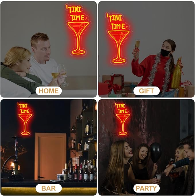 Tini Time LED Neon Sign, Martini Neon Sign for Bars, Elegant Cocktail Glass Neon, Martini Cocktail Bar Wall Decor, Bar Wall Art, Pub neon, 16.5"x8.7", Red