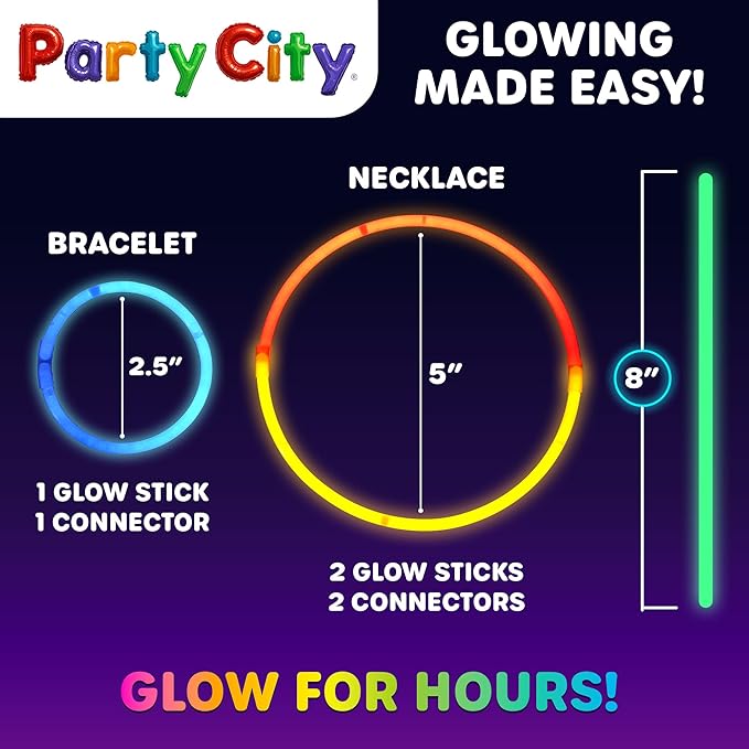 Party City 50 Glow Sticks Bulk Party Pack 8”– Neon Glow in the Dark Party Supplies, Glowsticks with Connectors Bracelets & Necklaces, Light Up Favors for Kids, Adults, Birthdays, Parties, Decorations