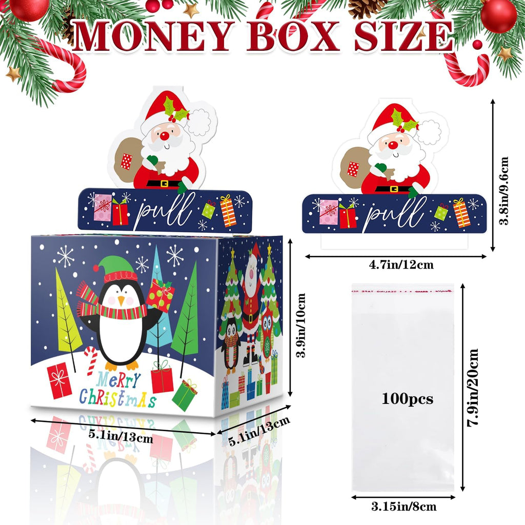 Jaywayang 2PCS Christmas Surprise Money Box for Cash Gift, Merry Christmas Money Gift Box with Card Holder for Kids Adults, DIY Fun Holiday, Includes 100Pcs Transparent Bags（Red, Blue