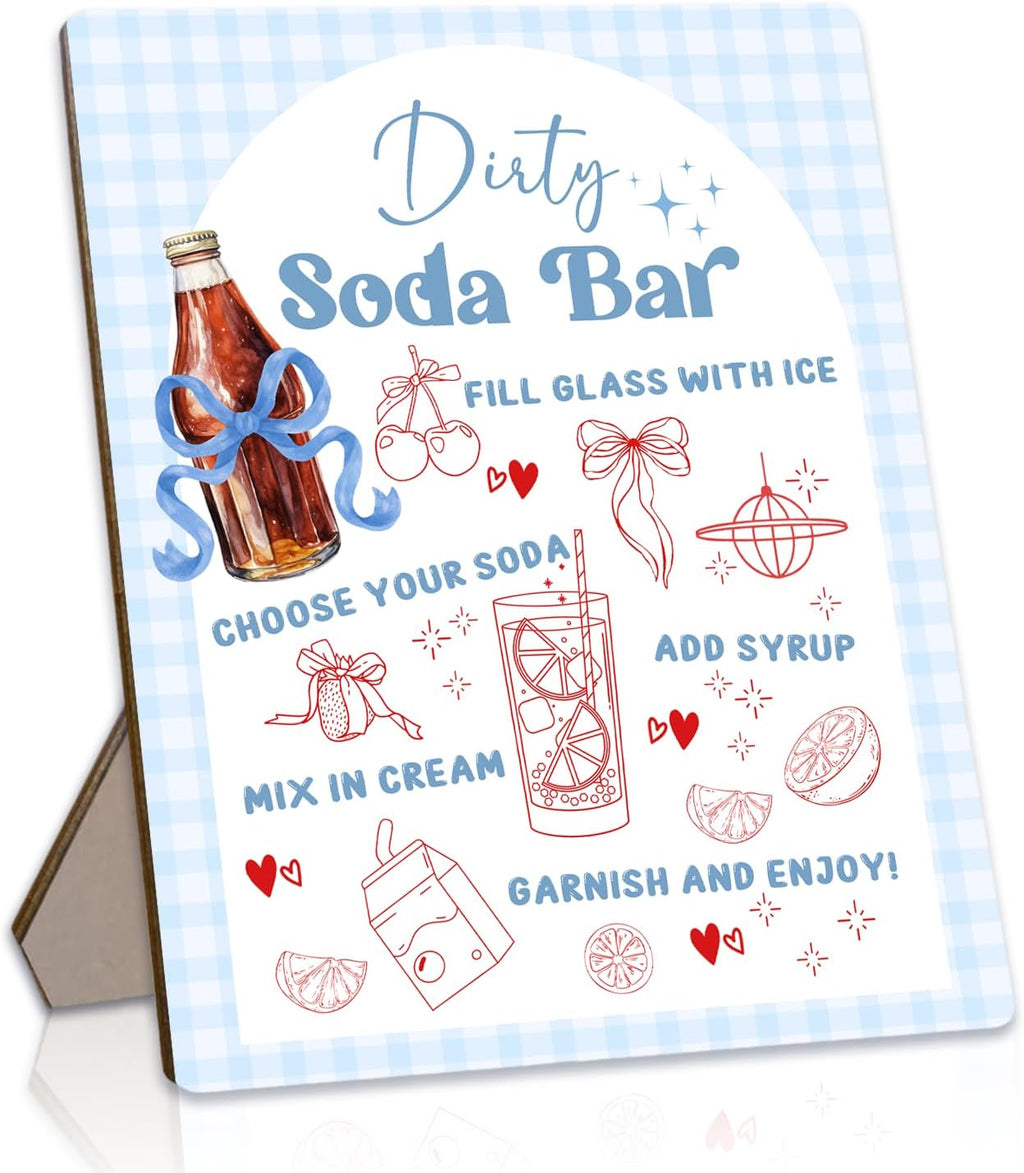 She's Ready to Pop Dirty Soda Bar Sign with Menu, Wooden Tabletop Welcome and Recipe Board for Gender Reveal Party, Beverage Setup Sign 8x10 Inch, Blue Bridal Shower and Wedding Decor