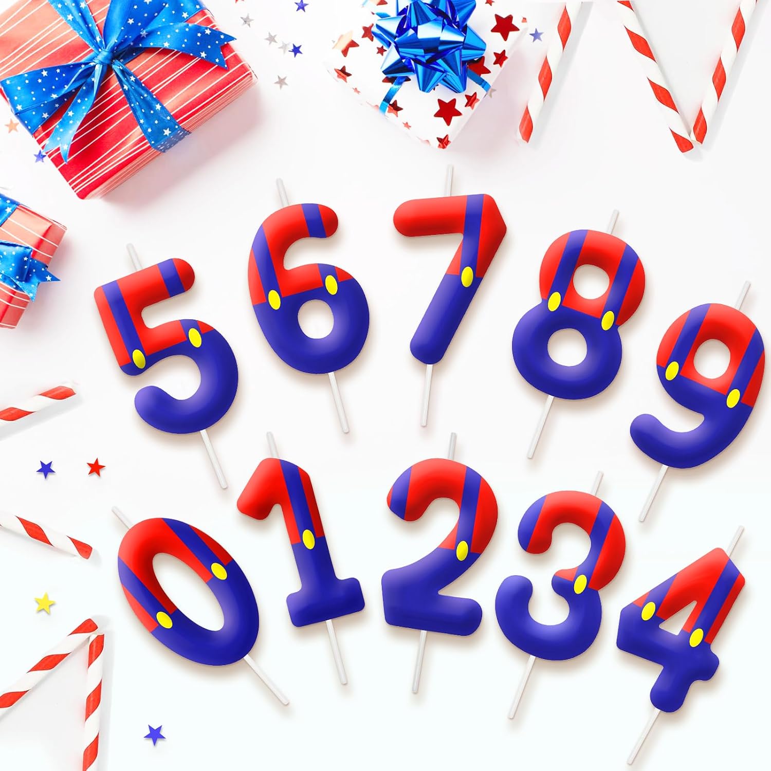 Blue Red 4th Birthday Number Candles, Number 4 Candle Cake Topper Decorations for Cartoon Game Themed Parties, Birthday Cake Candles for Boys Girls Kids Party Supplies