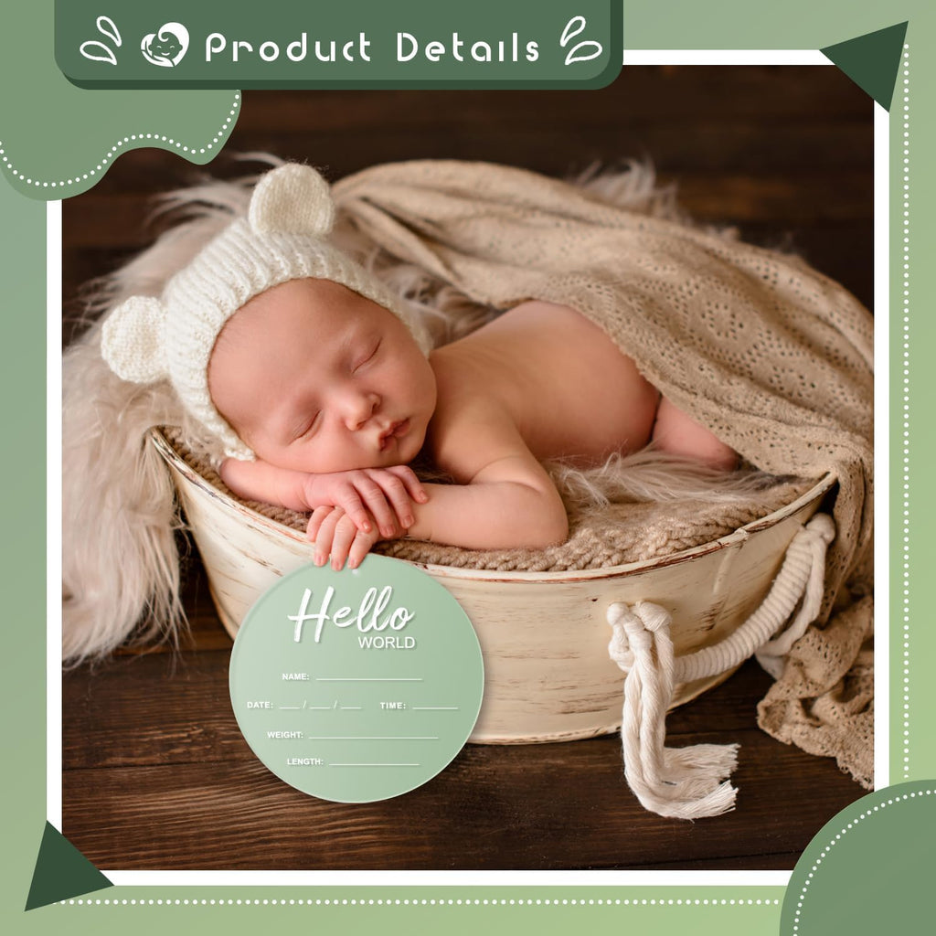 Baby Announcement Sign, 6.7 Inch Acrylic Hello World Newborn Sign Green | Thickness Welcome Baby Sign for Hospital, Birth Announcement Sign, Newborn Photography Props for Nursery Keepsakes & Sweet