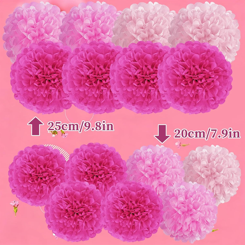 Hot Pink Tissue Pom Poms Paper Flowers Hanging Decorations Pink Flower Ball for Mother's Day Baby Shower Wedding Nursery Birthday Party Backdrop Home Outdoor