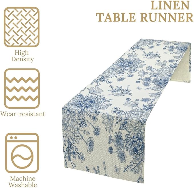 Chinoiserie Flower Table Runner, Seasonal Spring Fall Plants Blue Florals Dinner Runner for Home Kitchen Dining Table Party Holiday Decoration 13"x60"