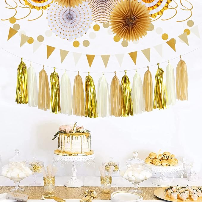White Gold Bridal-Shower Engagement Party-Decorations - 33pcs Banner,Streamers Tassel Garland,Tissue Pom Poms Honeycomb,Paper Lantern Fans,Christmas Wedding Bachelorette Baby Birthday Decor Hugtmr