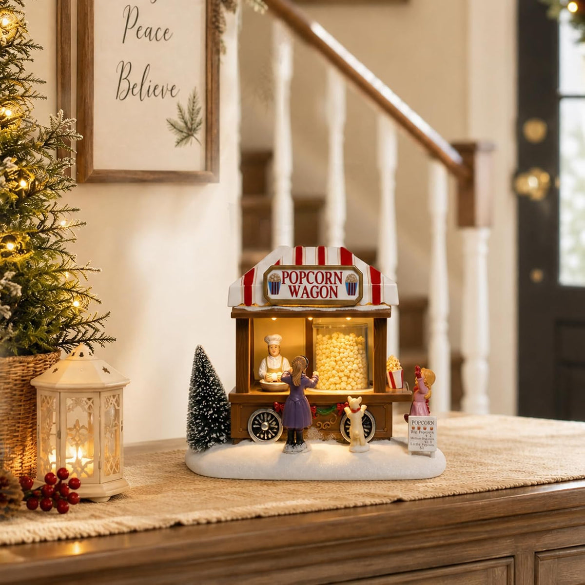 mumtop christmas village house, animated popcorn wagon with on a desk or shelf