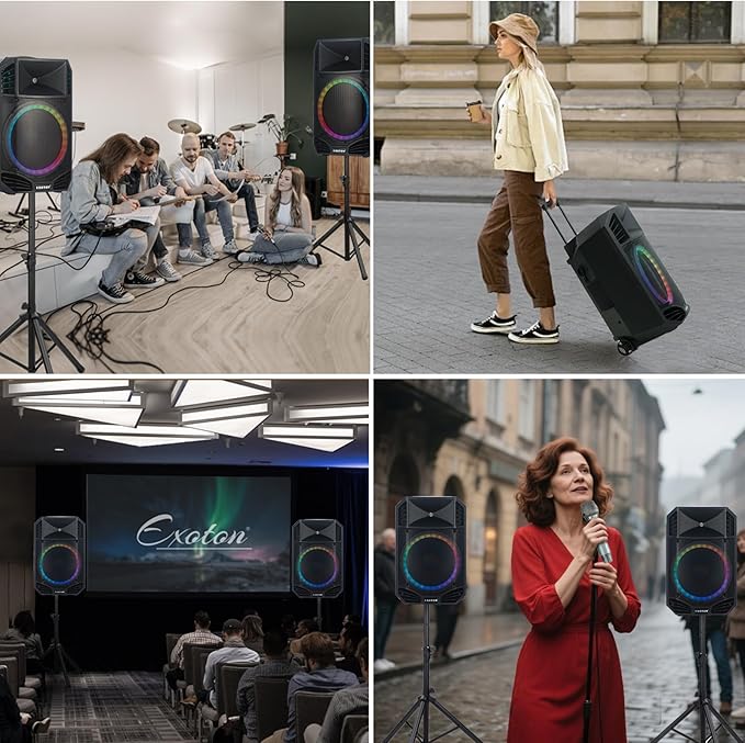 EXOTON S-1501 15 Inch Portable Rechargeable PA Speaker - 1600W, Bluetooth, TWS, USB/RCA, 2 UHF Mics, Remote, 7-Color Lights, DSP with 4 Scene Presets, 5-Band EQ