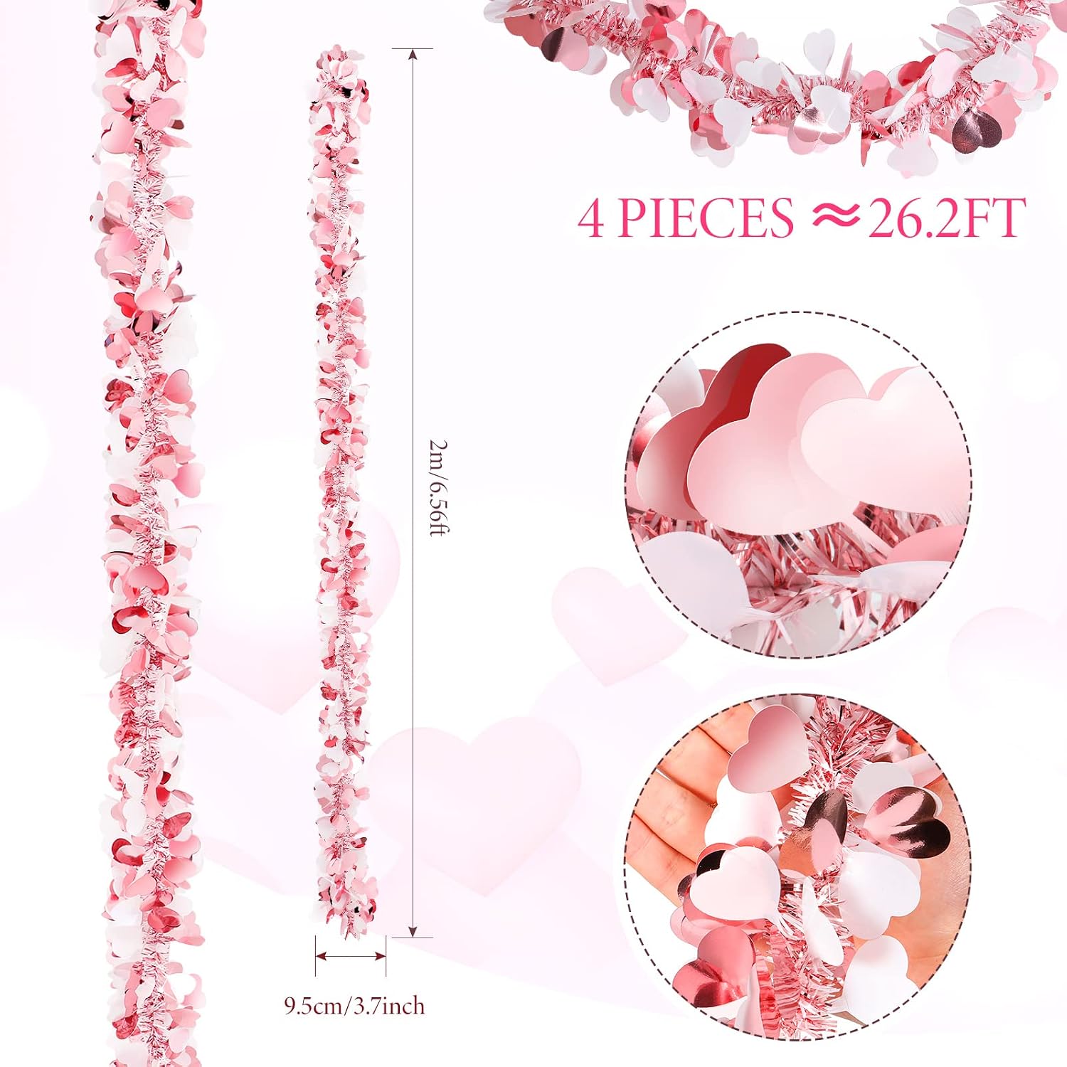 MTLEE 4 Pieces Valentine Tree Decorations Valentines Garland Shiny Heart Tinsel 6.56 Feet Each Metallic Tinsel Twist Garland for Mantle Tree Ornaments Wreath Wedding Party (Pink)
