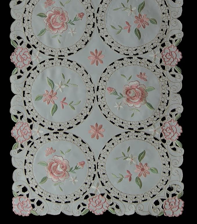 Creative Linens Embroidered Pink Rose Daisy Floral Table Runner Dresser Scarf 15x67 Ivory Spring