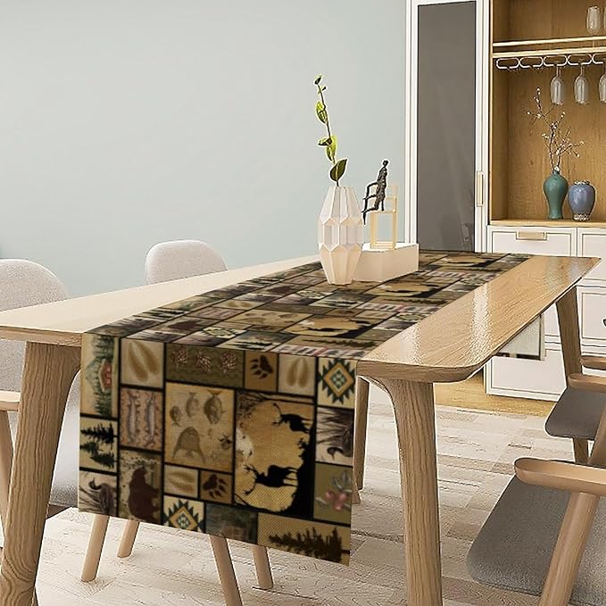 Vintage Deer Bear Table Runner, Fish Retro Farmhouse Cabin Lake Country Lodge Table Runner for Home Dinner Kitchen Living Room, 13x70 Inch