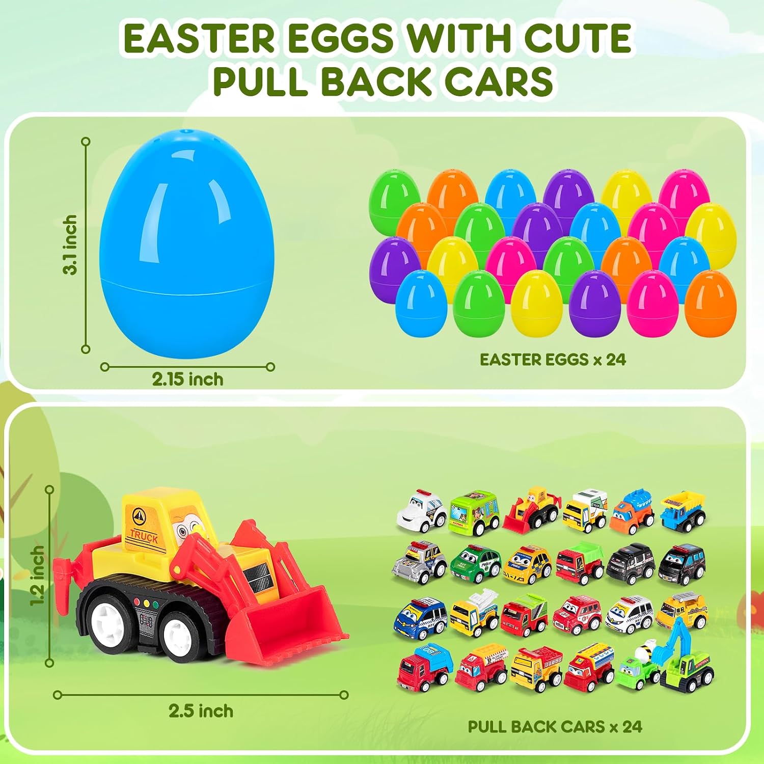 SUGFUT 24 PCS Prefilled Easter Eggs with Toys Pull Back Cars Easter Basket Stuffers for Toddler Gifts for Kids - Easter Party Favors