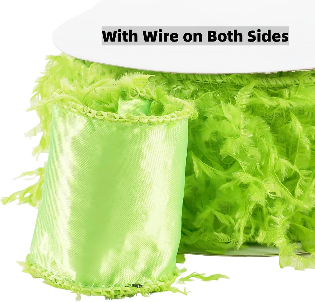 Meseey Festive Green Faux Fur Wired Ribbon Trim,10 Yards Ideal for Christmas Wreaths,Gift Wrapping & DIY Craft Decorations (Lime Green, 4 Inch)