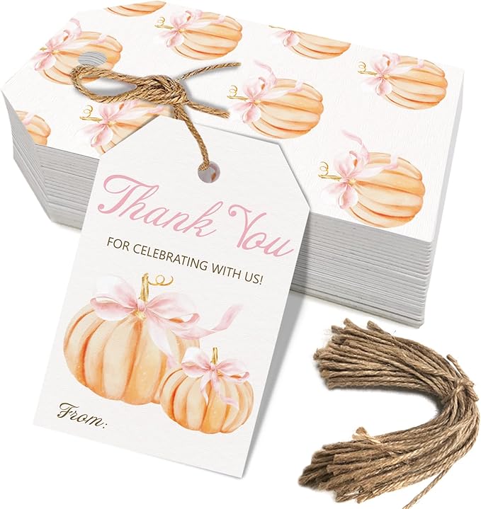 50pcs Little Pumpkin Thank You Tags, Pink Bow Fall Theme Favor Tags for Girl Coquette Baby Shower and Birthday Party Gift Wrapping Decoration (Pink Bow)
