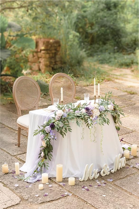 Ling's Moment 9FT Flower Garland for Backdrop Decorations - Wedding Arch Flowers, Eucalyptus & Rose, Artificial Floral Garland for Mantel - Sweetheart Table Decor for Ceremony Reception, Lilac & Gold