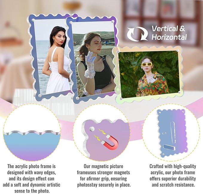 Acrylic Picture Frames 3 Pack 5x7 inch Scalloped Iridescent with Detachable Stand, Vertical and Horizontal Tabletop Display, Magnetic Photo Frames for Café/Home/Party/Wedding