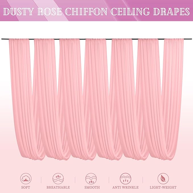 6 Panels Dusty Rose Ceiling Drapes for Wedding 5ftx30ft Chiffon Fabric Arch Draping Curtains Sheer Drapery for Party Ceremony Birthday Baby Shower Reception Stage Swag Ceiling Decorations