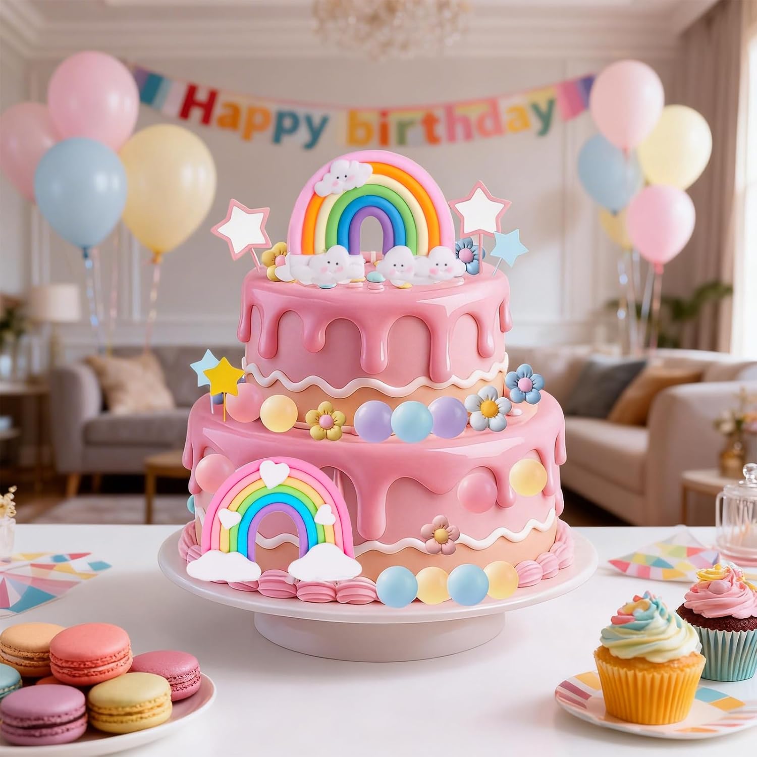 39 Pcs Rainbow Cake Topper, Rainbow Party Decorations with Pastel Ball Toppers and Daisy Flowers for Boho Birthday, Baby Shower Cake Decorations
