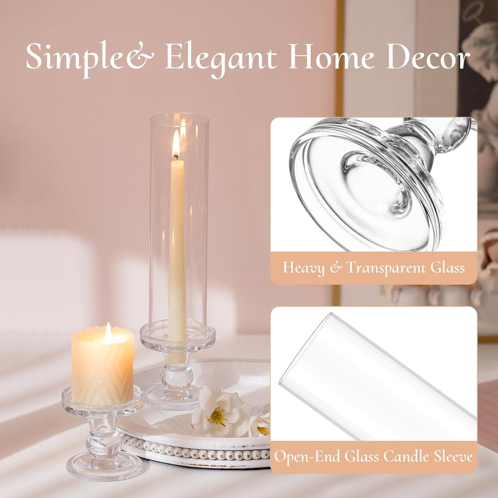 Hurricane Glass Taper Candle Holder: 2Pcs Tall Hurricane Candle Holder for Home Clear Tapered Candlestick Holders with Open Ended Glass Sleeve Candle Stick Holder for Table Centerpieces