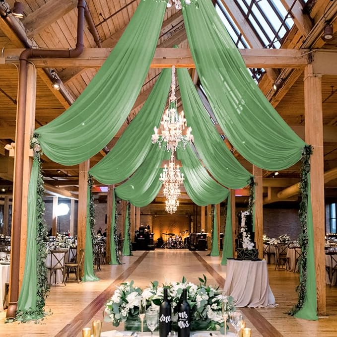 Ceiling Drapes Wedding Arch Drapes Chiffon Arch Draping 2 Panels 5x20 FT Sage Green Ceiling Decorations Sheer Backdrop Curtain for Parties Tulle Fabric Arbor Drapery Swag Ceiling Curtains for Events