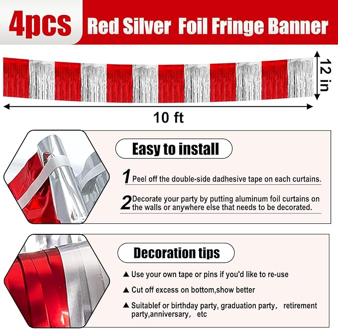 4 Pack 10 Feet Red Silver Foil Fringe Garland Metallic Tinsel Streamers Banner Wall Hanging Curtain Backdrop for Parade Floats, Wedding, Graduate, Mother's Day, Birthday Party Decoration
